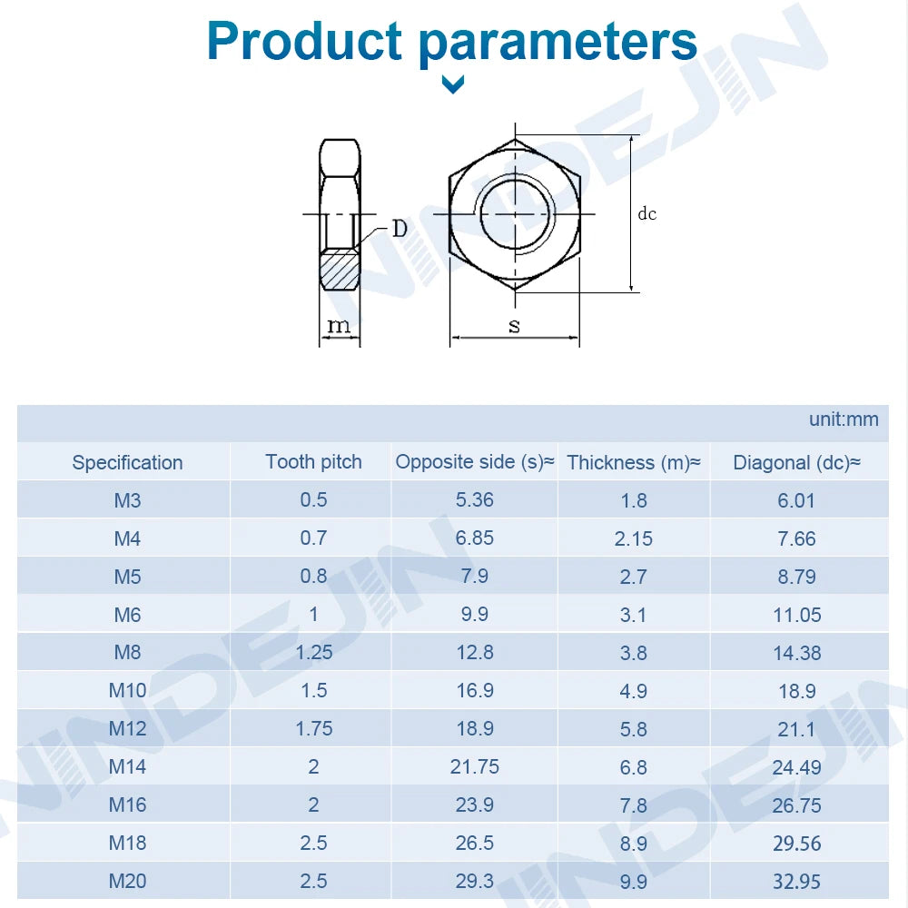 NINDEJIN Thin Hex Nuts 304 Stainless Steel M3 M4 M5 M6 M8 M10 M12 M14 M16 M18 M20 thin nuts DIN439