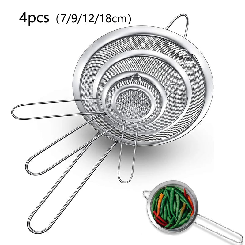 Fine Mesh Stainless Steel Strainer Sieve Juice Egg Filter Colanders Coffee Tea Vegtables Filtering Food Kitchen Accessories