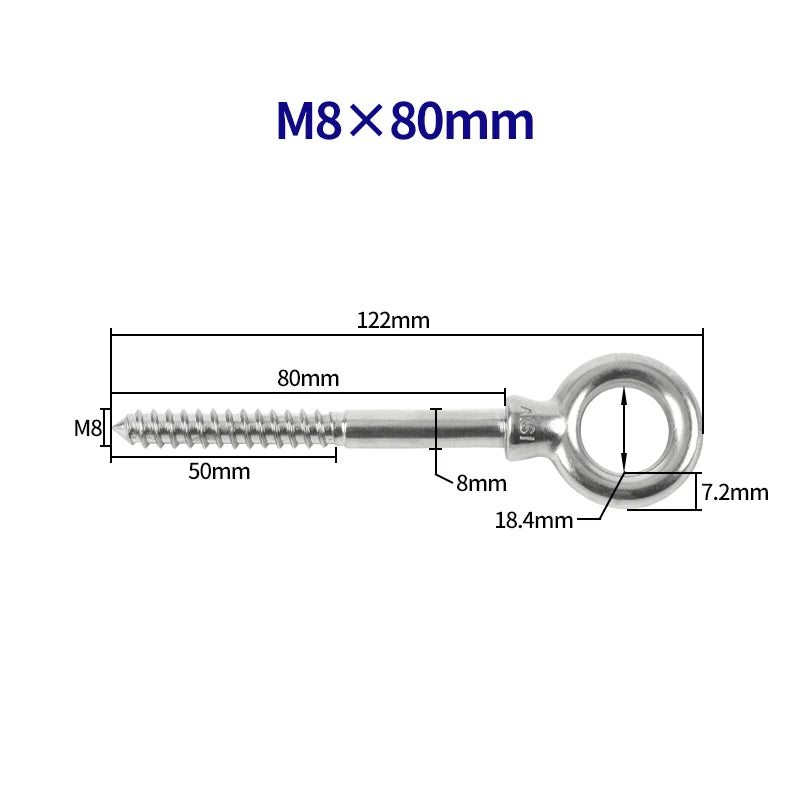 6/10pcs M8X80 Eye Shape Screws Round Hook Stainless Steel Wood End Ring Eyelet Hooks Self Tapping Hardware Accessories