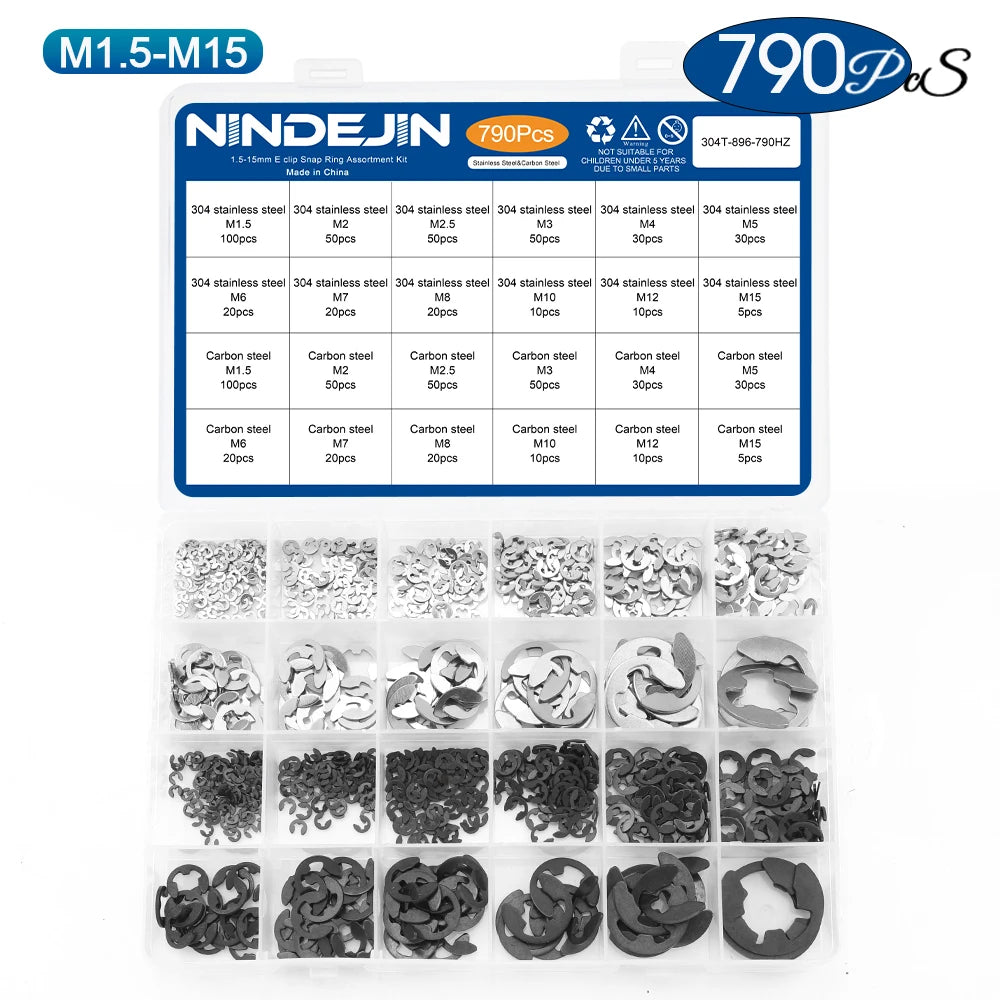 NINDEJIN E Clip Set Circlip Washer Assortment Kit Stainless Steel Carbon Steel 1.2-15mm External Retaining Clip For Shaft - KiwisLove