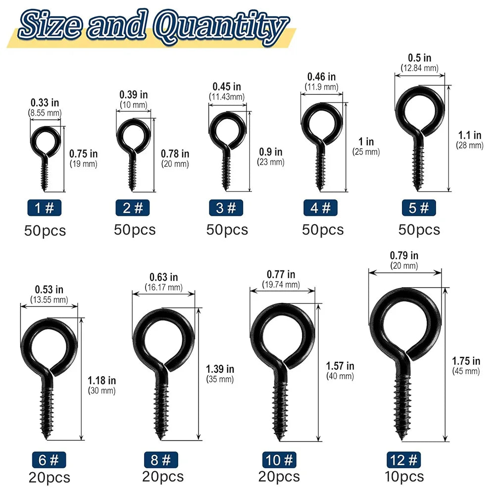 5-50pcs Screw Eye Hooks Heavy Duty 12# 14# 16# Black Zinc Plated 1#-5# Metal Small Eyelet Screws for hanging lights DIY Jewelry - KiwisLove