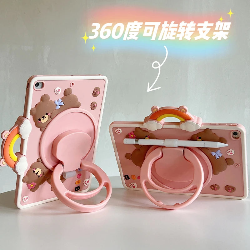Cute Kawaii 3D Cartoon Bear for iPad Air11 2024 Pro11 M4 M2 IPad 10th Gen 9/8/7 10.2"/Air 3/Pro 10.5" Rotation Handle Stand Case