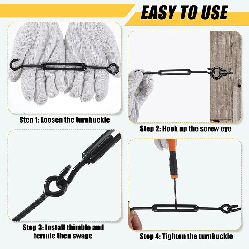 6/10pcs Stainless Steel 304 Adjust Chain Rigging Black Hooks & Eye Turnbuckle M5 Wire Rope Tension Device Line