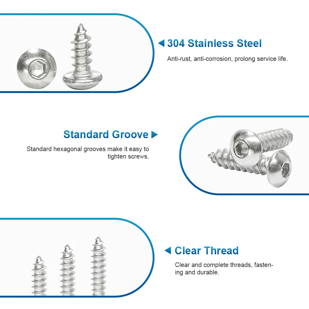 NINDEJIN 5-50pcs Button Head Hex Socket Self Tapping Screw M2 M2.6 M3 M4 M5 M6 Stainless Steel Allen Head Tapping Wood Screw