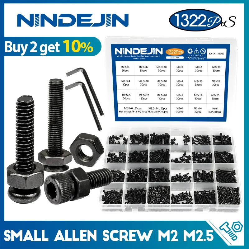 1322pcs/set small Allen bolt screw kit with nut m2 m2.5 carbon steel hex socket round flat cap head screw set