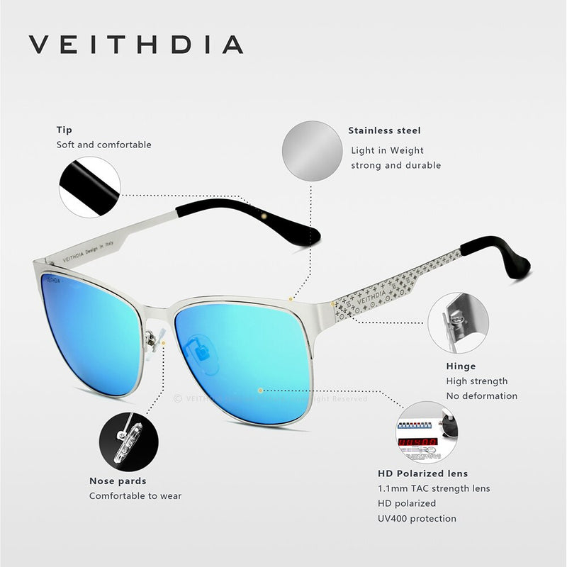 VEITHDIA Brand Designer Sunglasses Stainless Steel Sun Glasses Polarized UV400 Men Women Eyewear For Mal  Blue Mirror Lens 3580 - KiwisLove