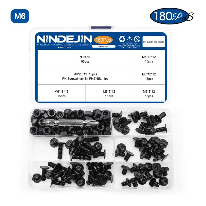 NINDEJIN M2-M6 Thin Flat Head Laptop Screw Set Black Carbon Steel Ultra Thin Wafer Head Phillips Machine Screw Nut Assortment