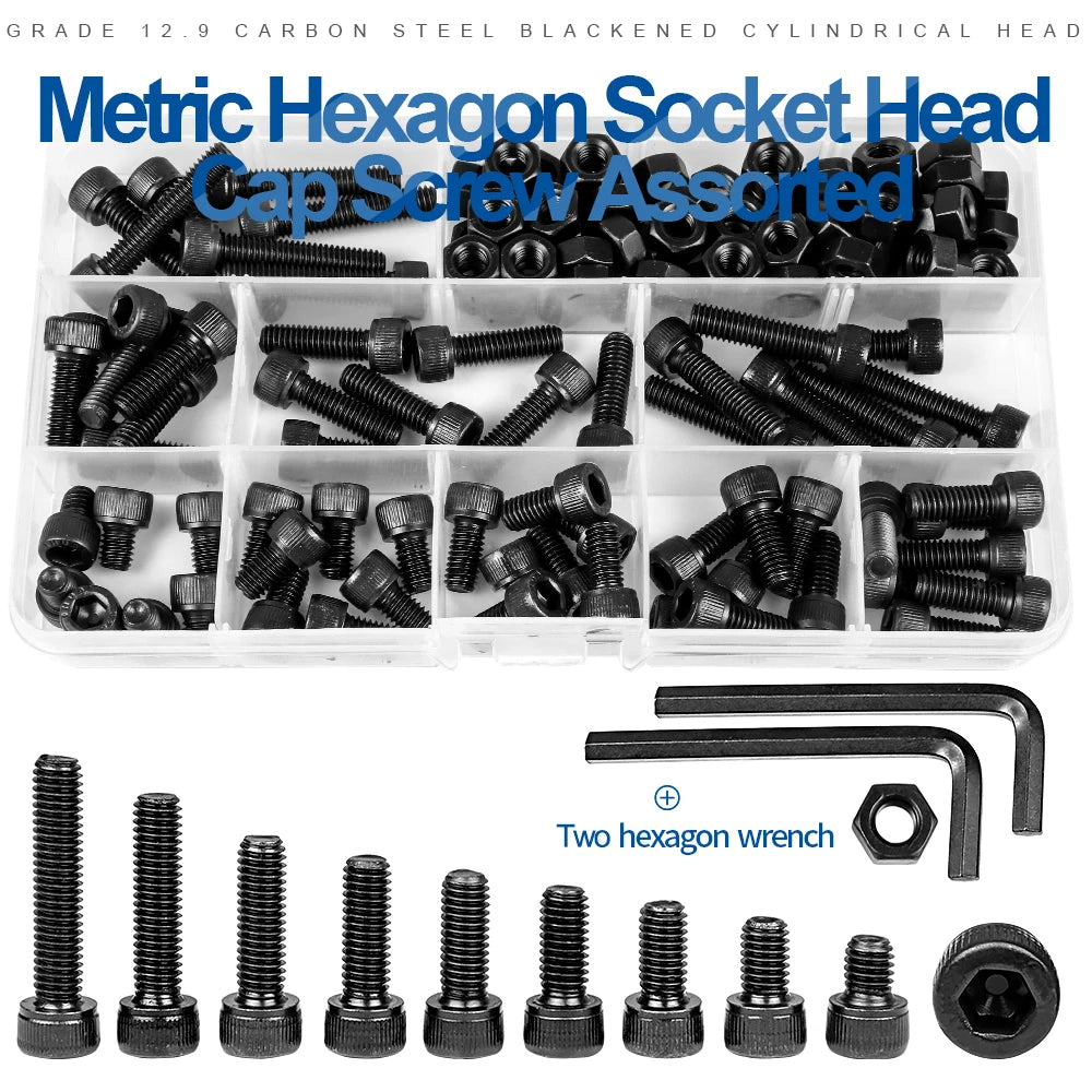 NINDEJIN hex hexagon socket head cap screw nut 12.9 grade carbon steel m2 m2.5 m3 m4 m5 m6 screw set bolt and nut assortment kit
