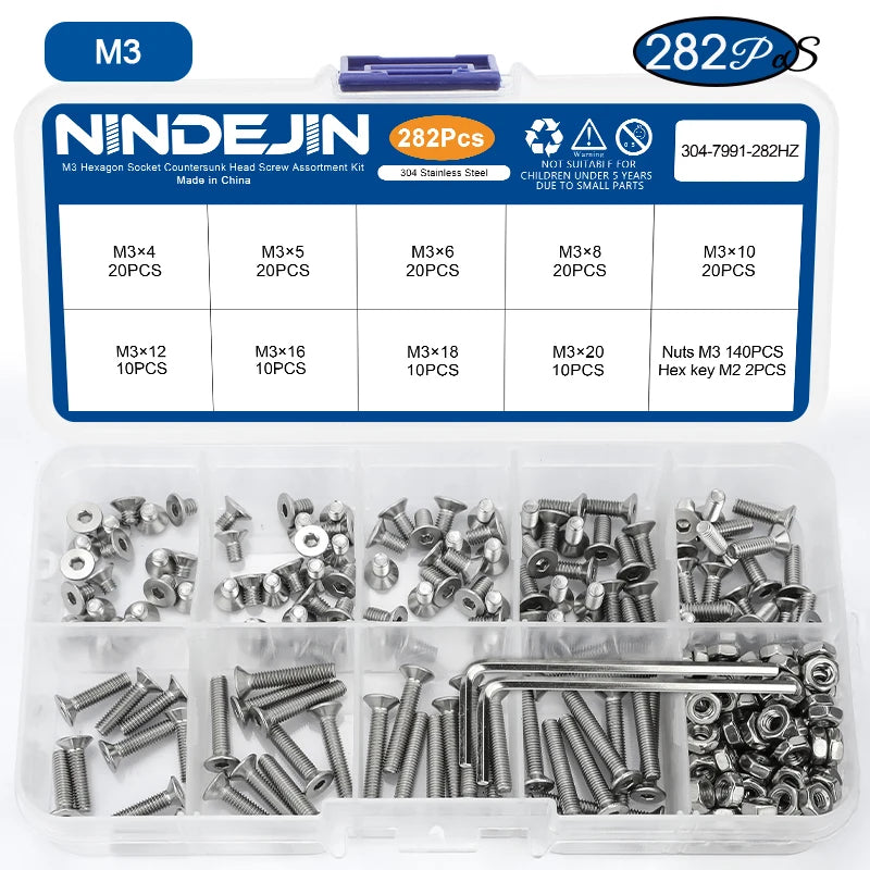 NINDEJIN Hex Hexagon Socket countersunk head screw kit m2 m2.5 m3 m4 m5 m6 stainless steel flat head bolt and nut screw set