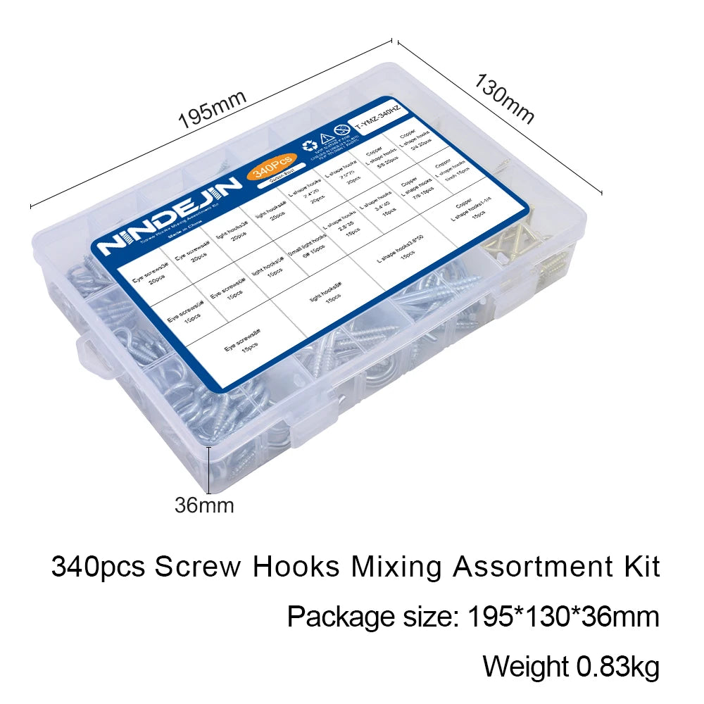 NINDEJIN 66/100/320/340pcs Screw Hook Kitchen Cup Ceiling Hook Kit Eye Screw Bend Hook Kit for Wood Wall Hanging