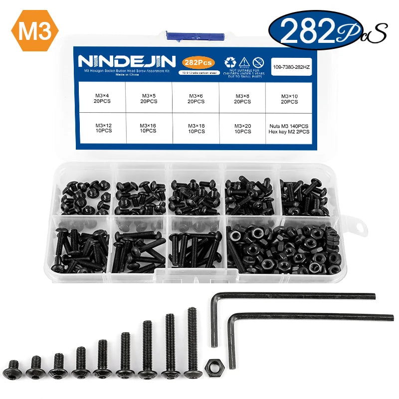NINDEJIN hex hexagon socket button head screw nut carbon steel m2 m2.5 m3 m4 m5 m6 allen round head screw set bolt and nut set