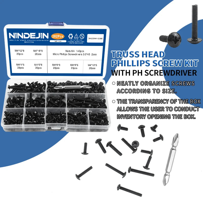 NINDEJIN Truss Head Machine Screw Kit M3 M4 M5 M6 Black Carbon Steel Mushroom Big Truss Head Phillips Machine Screw and Nut Set