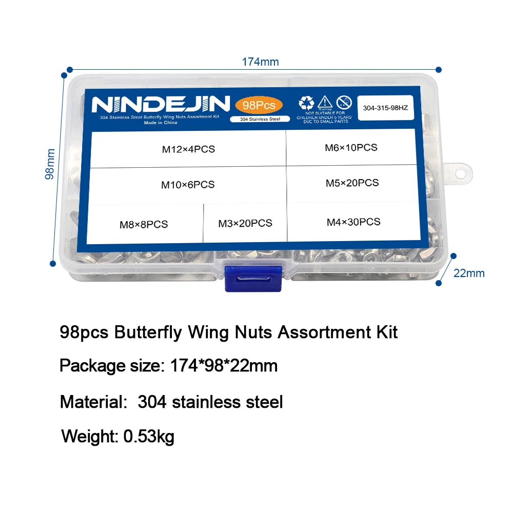 NINDEJIN 98pcs Wing Nut assortment kit M3 M4 M5 M6 M8 M10 M12 Stainless Steel Wingnuts butterfly nuts for drum bicycle DIN315