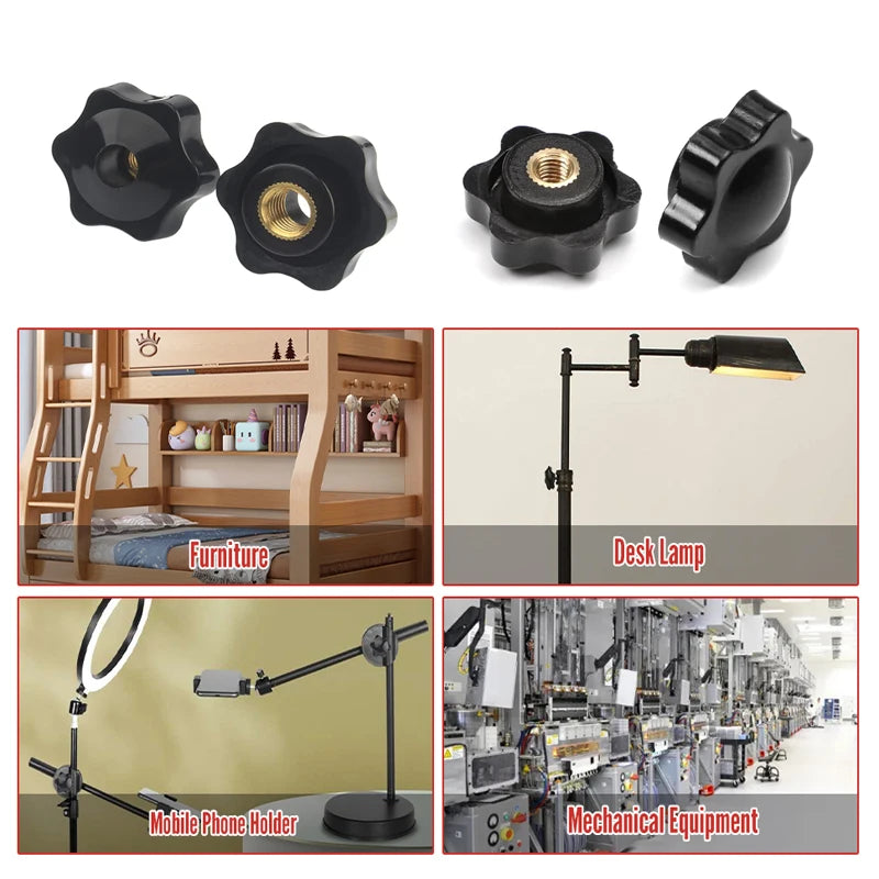 1/5Pcs Plum Nut Mechanical Black Thumb Nut Knob Manual Nut Thermoplastic Brass Thread With and Without Holes M4/M5/M6/M8/M10/M12