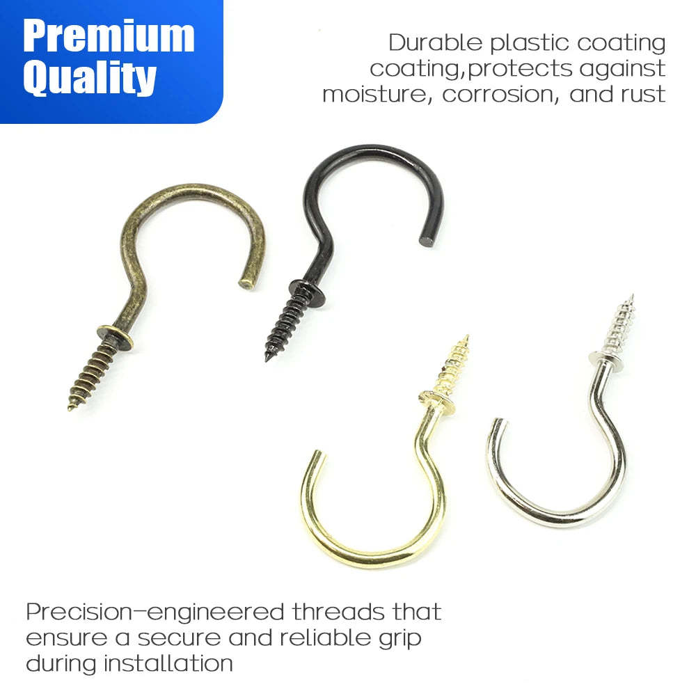 NINDEJIN 66pcs Heavy-duty Screw Hooks Kit Carbon Steel Screw-in Hook Hanger Ceil Cup Hook for Hanging Mug Plant Decorative Screw