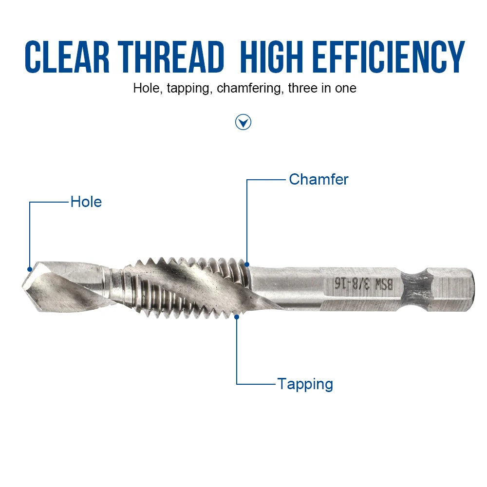 NINDEJIN 6pcs/set BSW thread screw tap drill bits set 1/8'' 5/32" 3/16" 1/4" hex shank hss tap drill bits set for metal wood - KiwisLove