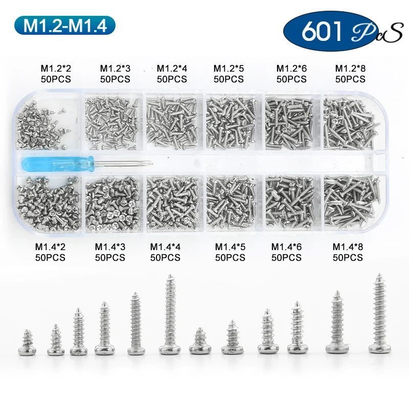 NINDEJIN 601pcs Electronic Screw Kit Nickel Plated Flat Round Head Mini Micro Screw Set Phone Glasses Tapping Screw Kit M1-M1.7