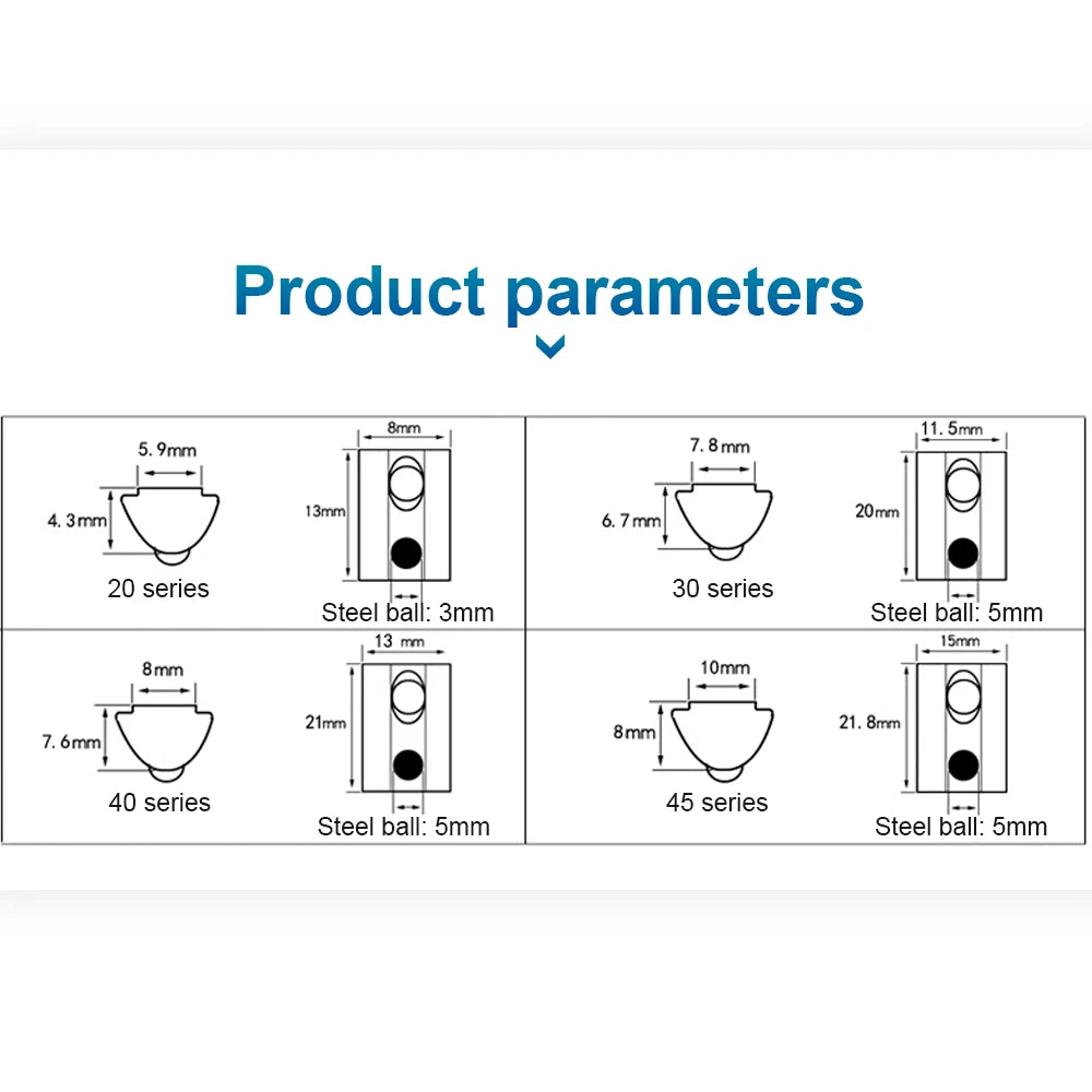 NINDEJIN Sliding T Slot Nuts Spring Ball Loaded Carbon Steel Roll-in T Nuts for 3D Printer 20 30 40 45 Series Aluminum Profile