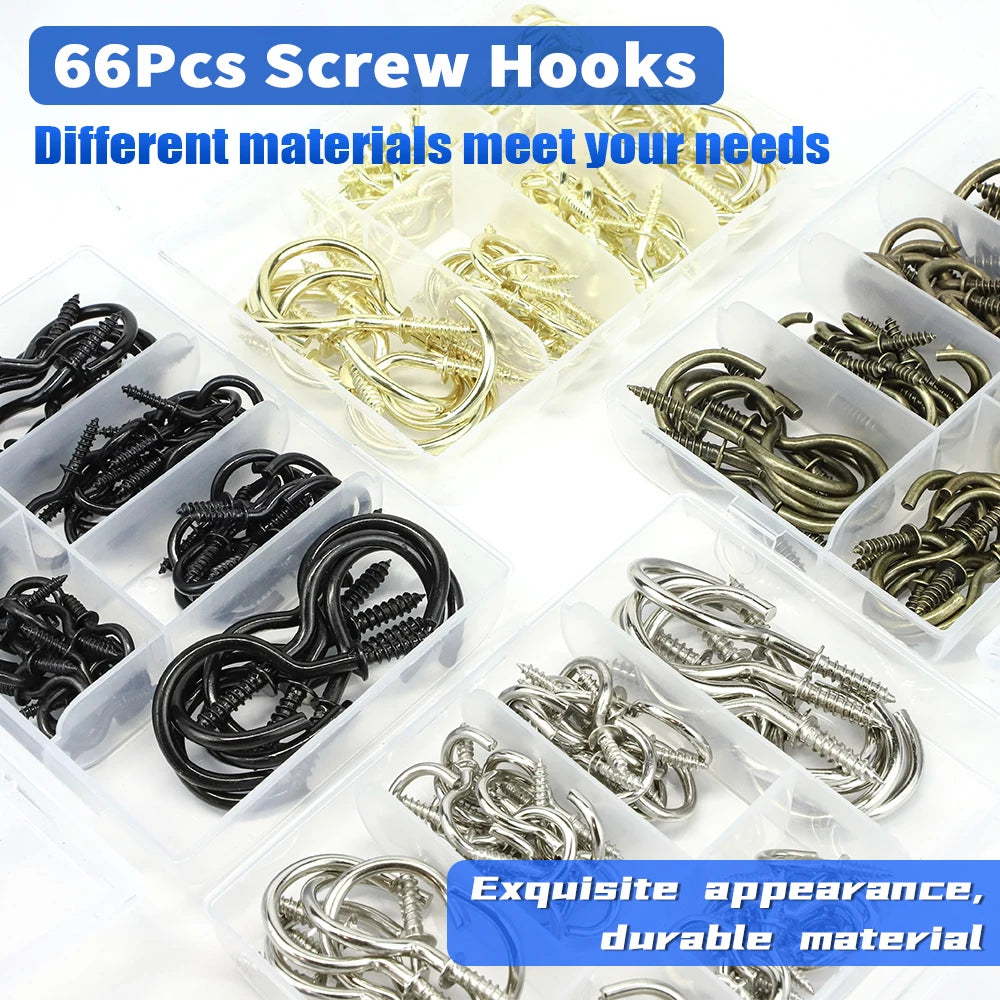 NINDEJIN 66pcs Heavy-duty Screw Hooks Kit Carbon Steel Screw-in Hook Hanger Ceil Cup Hook for Hanging Mug Plant Decorative Screw