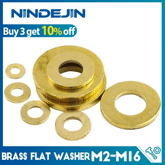 NINDEJIN Brass Flat Washer M2 M.5 M3 M4 M5 Metric Brass Plain Washer Flat Gasket Anti Slide Fastener Copper Ring for Screw Bolt - KiwisLove