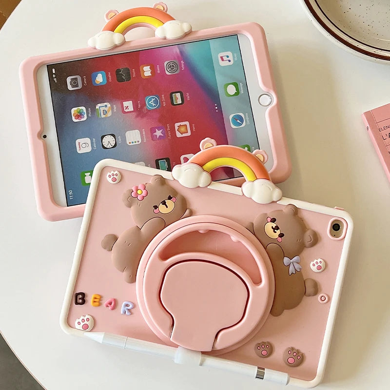 Cute Kawaii 3D Cartoon Bear for iPad Air11 2024 Pro11 M4 M2 IPad 10th Gen 9/8/7 10.2"/Air 3/Pro 10.5" Rotation Handle Stand Case