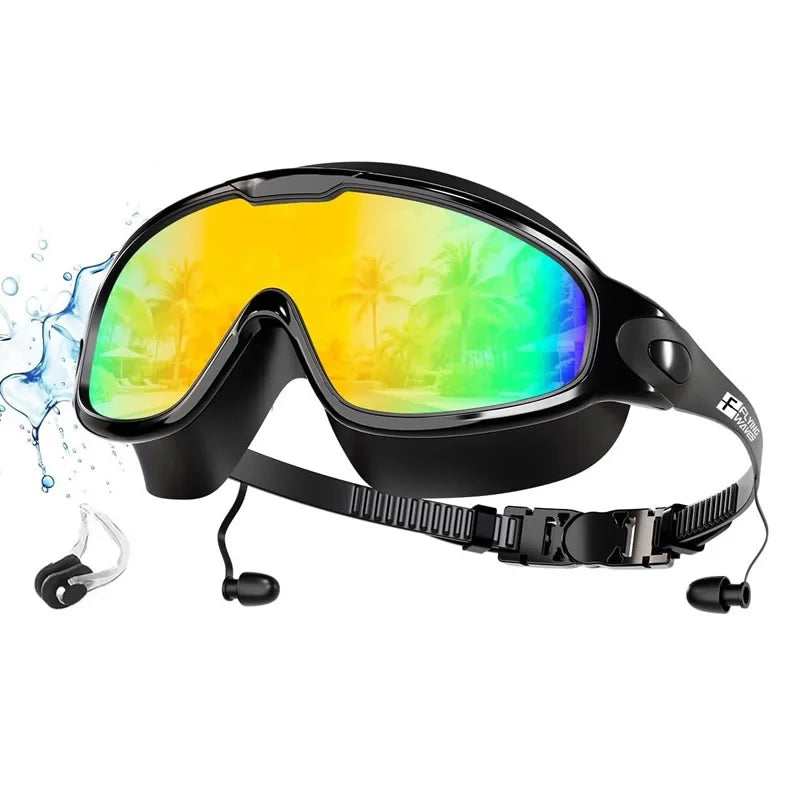New Adult Wide View Swim Goggles Anti-Fog Anti-UV No Leak Pool Swimming Glasses with Earplugs for Men Women Youth