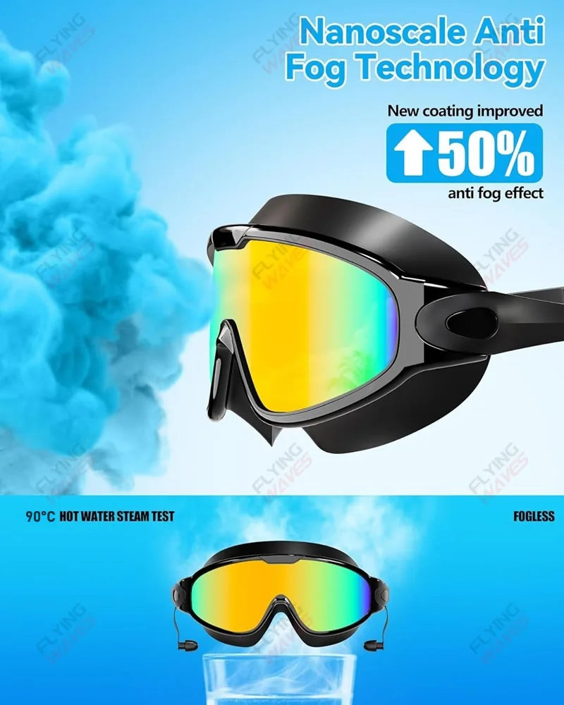 New Adult Wide View Swim Goggles Anti-Fog Anti-UV No Leak Pool Swimming Glasses with Earplugs for Men Women Youth