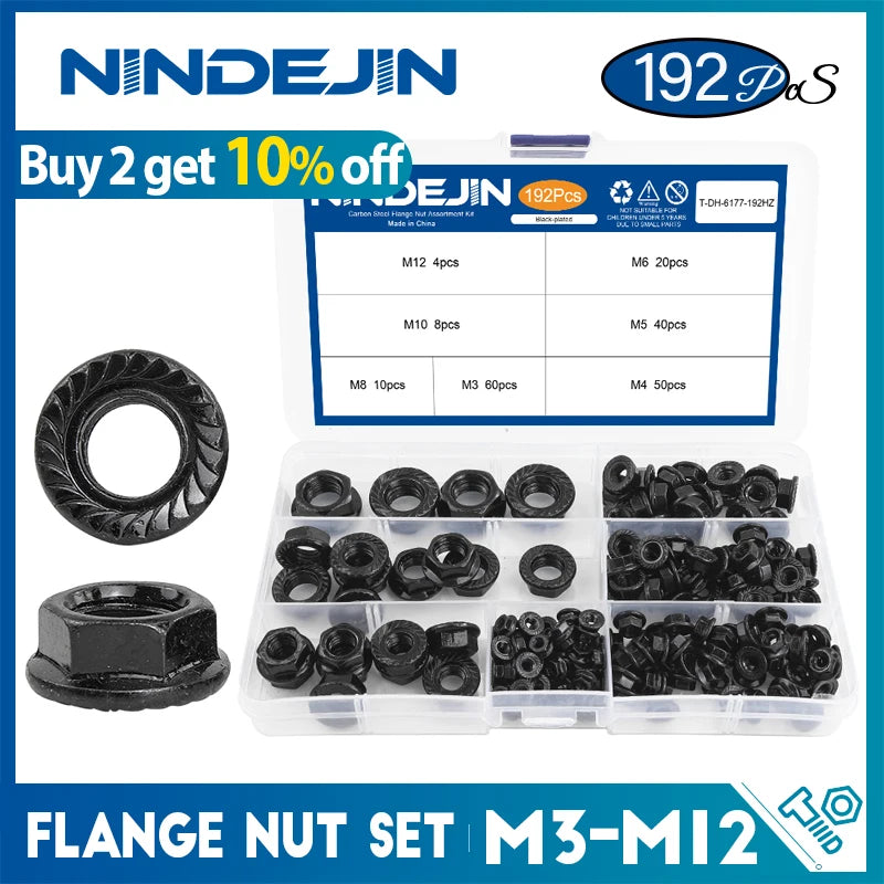NINDEJIN 192pcs Black Flange Nut  Assortment Kit M3-M12 Hexagon Carbon Steel Serrated Spinlock Flange Lock Nut Set DIN6923