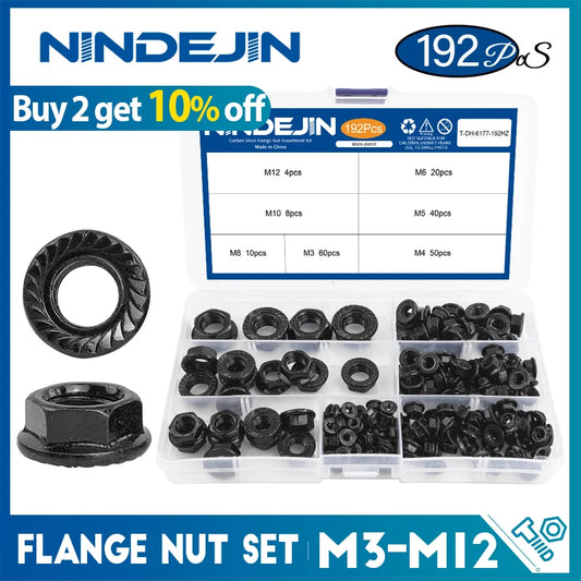 NINDEJIN 192pcs Black Flange Nut  Assortment Kit M3-M12 Hexagon Carbon Steel Serrated Spinlock Flange Lock Nut Set DIN6923