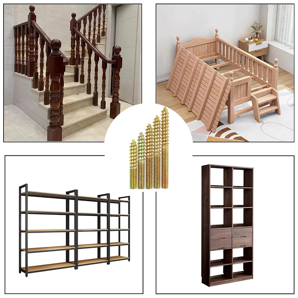 NINDEJIN Hanger Bolts Double Headed Yellow Zinc Plated M4 M5 M6 M8 M10 Dowel Screw Self-Tapping Screw for Wood Furniture