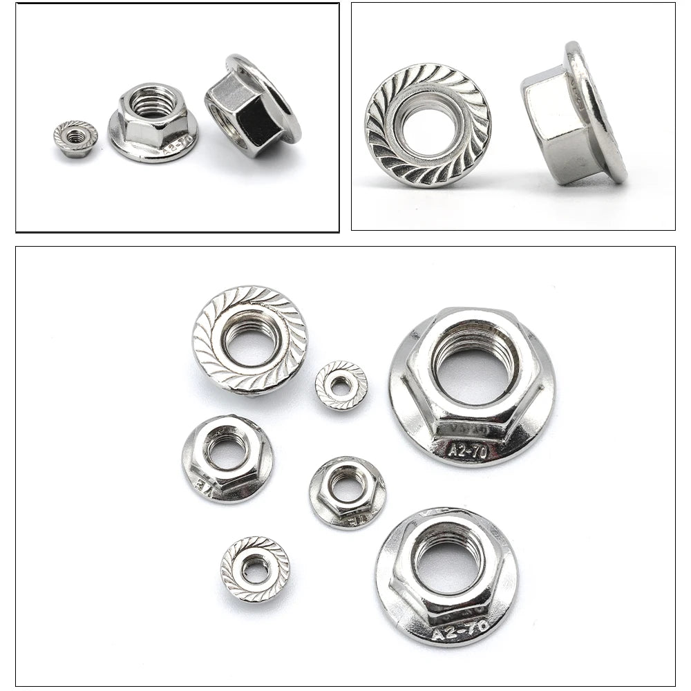 NINDEJIN 2-25pcs Fine Pitch Hexagonal Flange Nuts M6 M8 M10 M12 M14 M16 Stainless Steel Insert Locking Flange Nut DIN6923