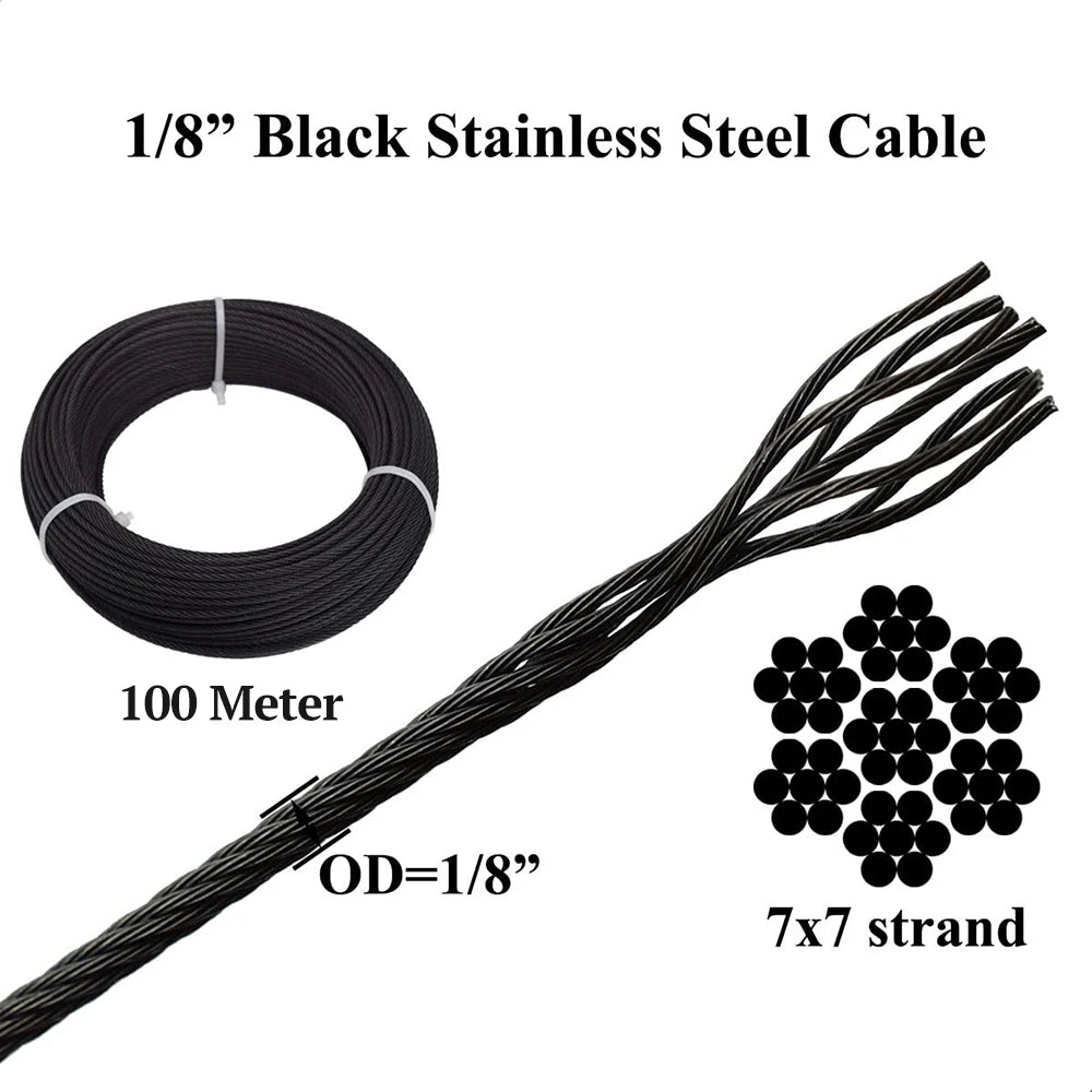 100M Black T316 Stainless Steel Cable 1/8‘' Wire Rope Aircraft Cable for Cable Railing 7x7 DIY Balusters Stair With Cutter