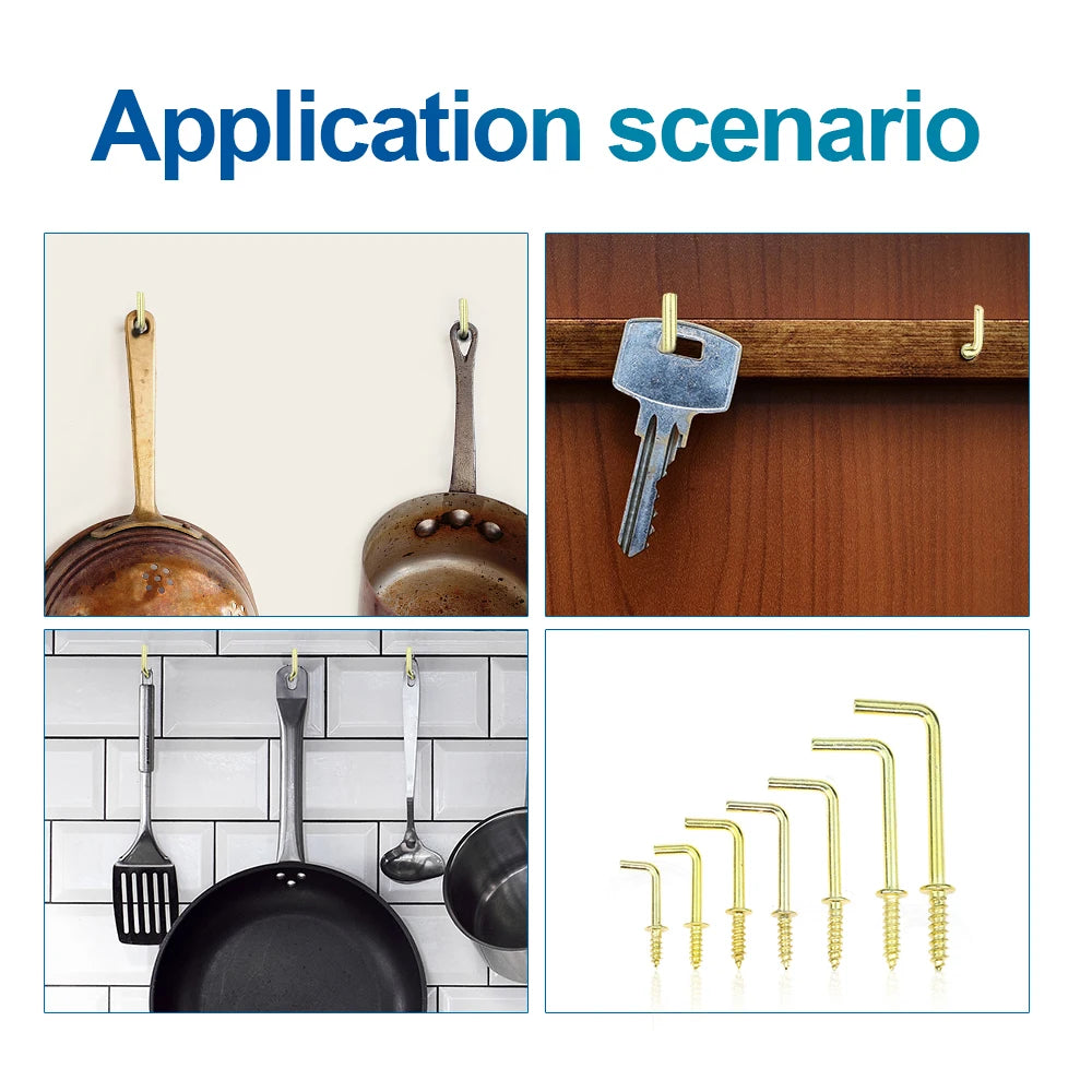 NINDEJIN 1/2"~1-1/2" Square Bend Hooks Kit Brass Plated L-Shaped Right Angle Screw Hook Self Tapping Screw in Hook for Hanging - KiwisLove