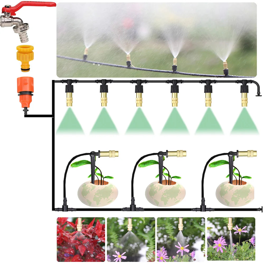 5M-30M Garden Brass Misting Cooling System Irrigation Watering 1/4'' Atomizer Nozzles 4/7mm Hose for Outdoor Greenhouse Pot