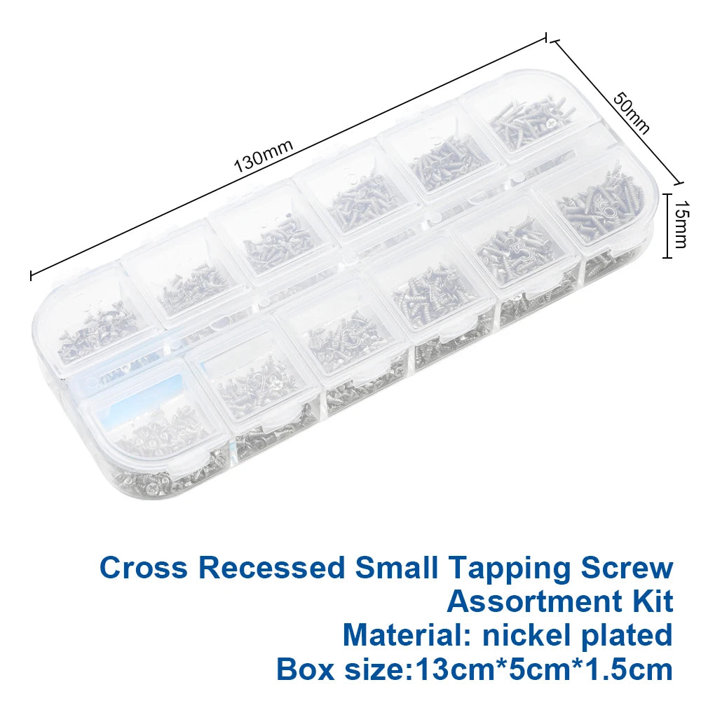 NINDEJIN 601pcs Electronic Screw Kit Nickel Plated Flat Round Head Mini Micro Screw Set Phone Glasses Tapping Screw Kit M1-M1.7