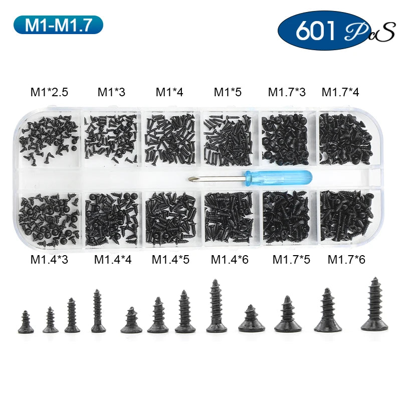 NINDEJIN Phillips Micro Screw Kit M1 M1.2 M1.4 M1.7 M2 Carbon Steel Electronic Small Tapping Screw Set for Glasses Phone Watches