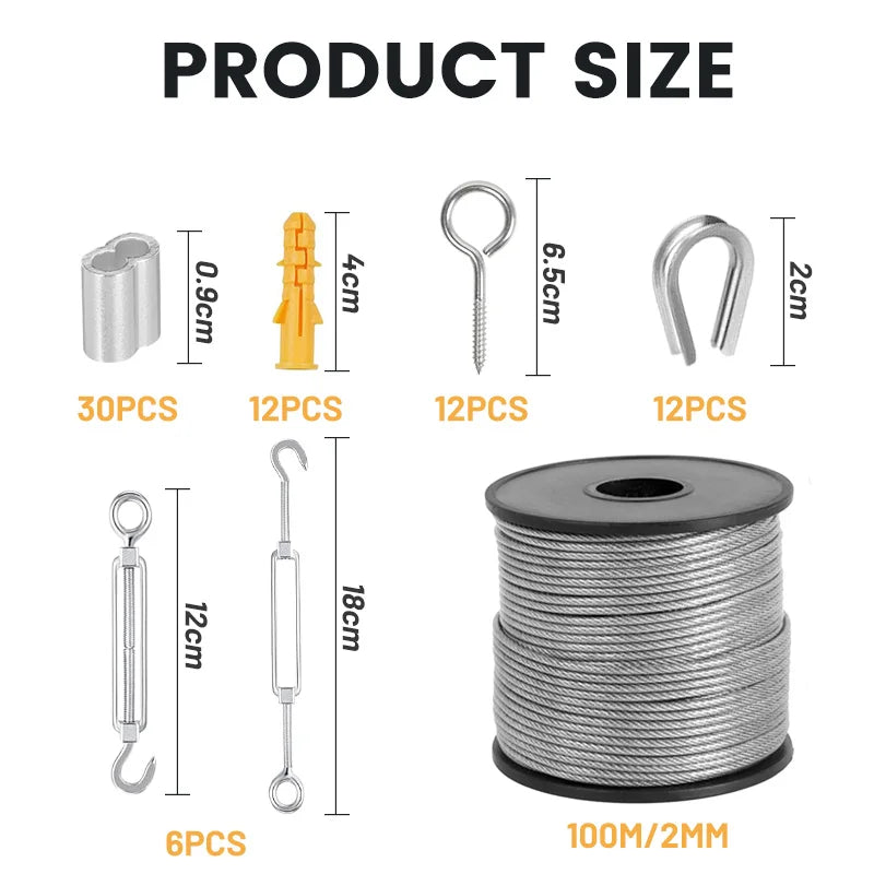 SGYM 73PCS/Set 100 Meter Steel PVC Coated Flexible Wire Rope Soft Cable Transparent Stainless Steel Clothesline Diameter 2mm Kit