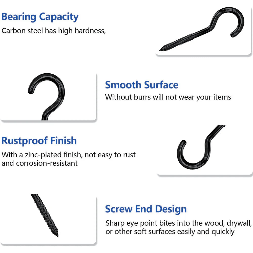 NINDEJIN 5-50pcs Screw Hooks Ceiling Cup Hook Black Zinc Plating Steel 1#-16# Screw Eyes for Hanging Lights Plant Hanger - KiwisLove