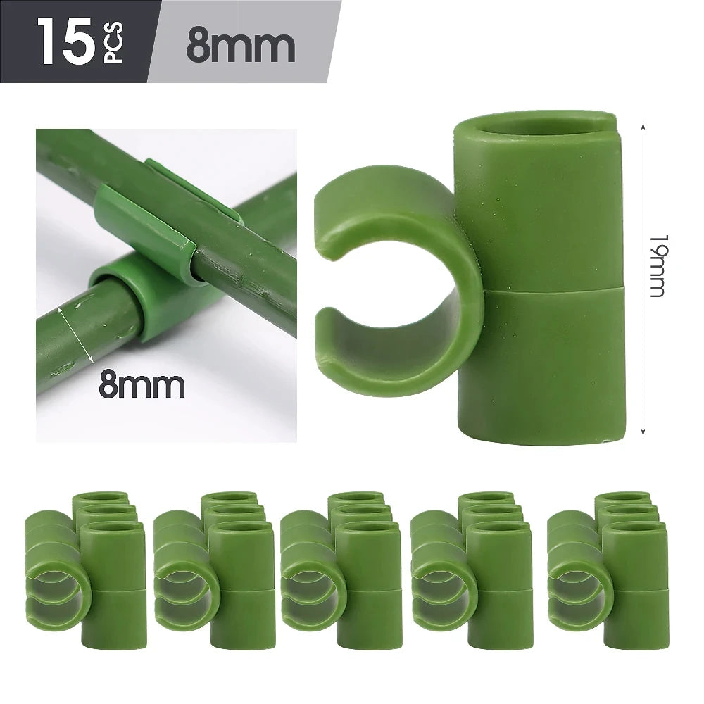15pcs Green 8/11/16/20mm Garden Cross Clip Plastic Fastener Plant Support Connecter Clamp Rod Adjustable or Fixed Buckle Trellis