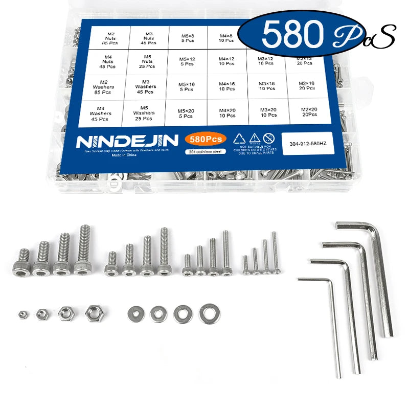 NINDEJIN 580Pcs/Set Hex Socket Cap Head Screw Nut Set Stainless Steel M2 M3 M4 M5 Hexagon Flat Round Cap Head Screw Assorted Kit