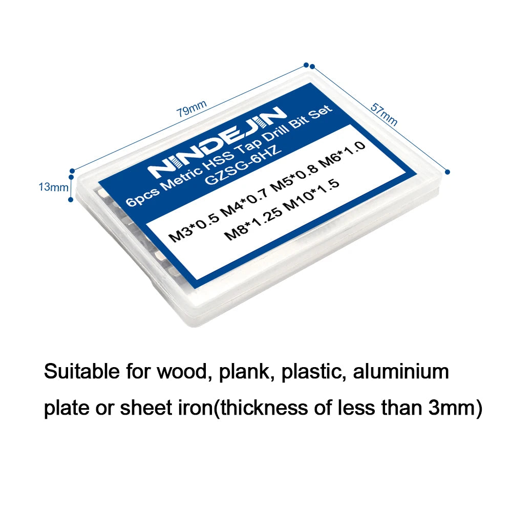 NINDEJIN 6pcs/set metric thread tap drill bits set m3 m4 m5 m6 m8 m10 hex shank hss 6542 screw tap drill bits set for metal wood - KiwisLove