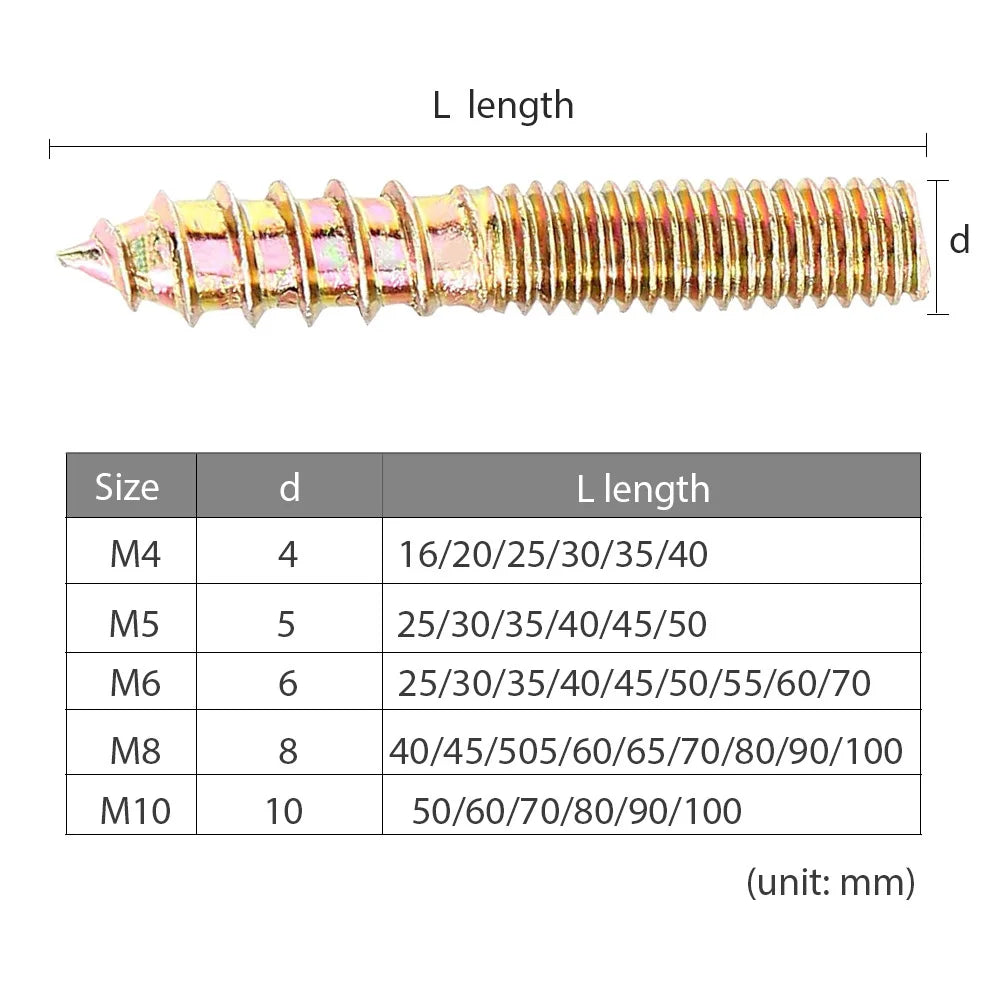 NINDEJIN Hanger Bolts Double Headed Yellow Zinc Plated M4 M5 M6 M8 M10 Dowel Screw Self-Tapping Screw for Wood Furniture