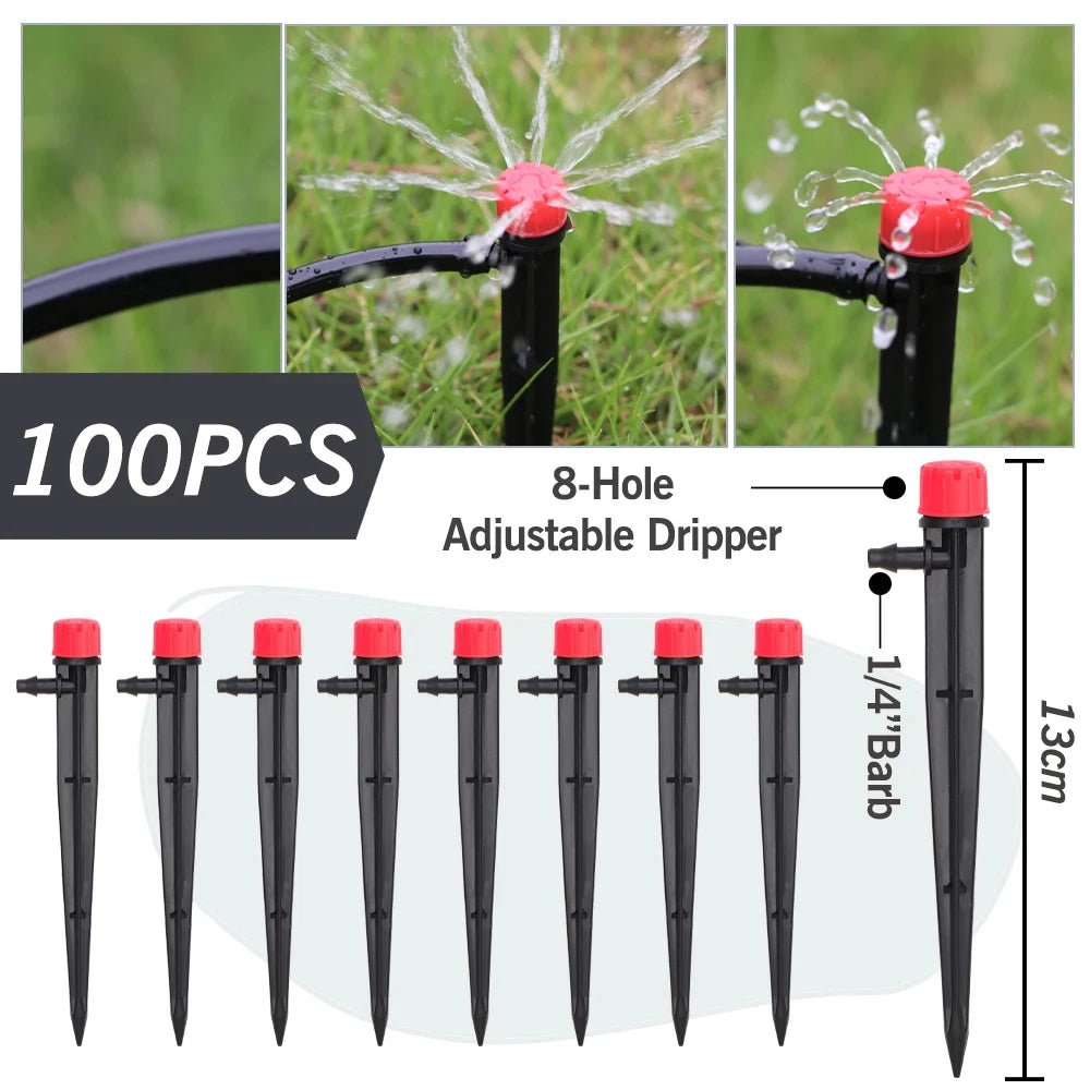 1/4'' Drip Irrigation System Hose Kit Adjustable 13CM Sprinkler Kit for Garden Flowers Greenhouse Vegetable Indoor Pots System