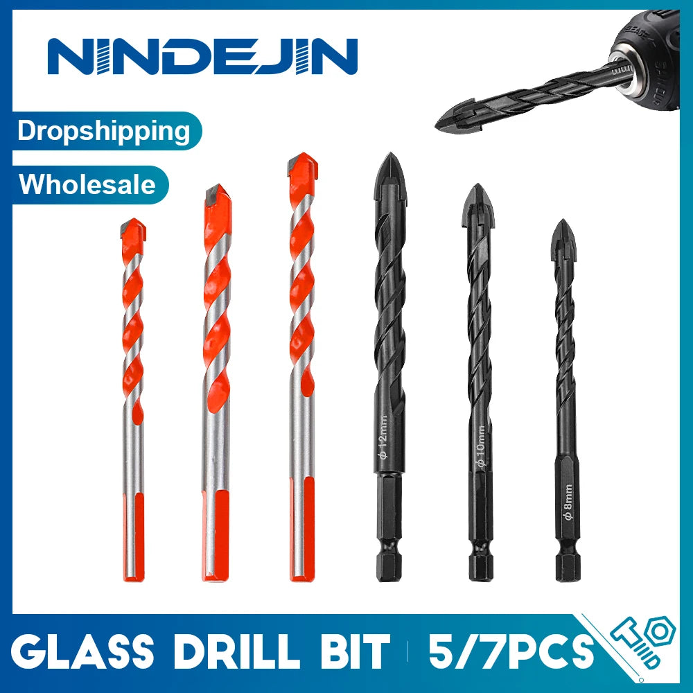 NINDEJIN 5/7pcs Masonry Drill Bit Set Twist Drill Bit High Speed Steel Triangle Hexagon Shank Glass Tile Concrete Drill Bit Set - KiwisLove