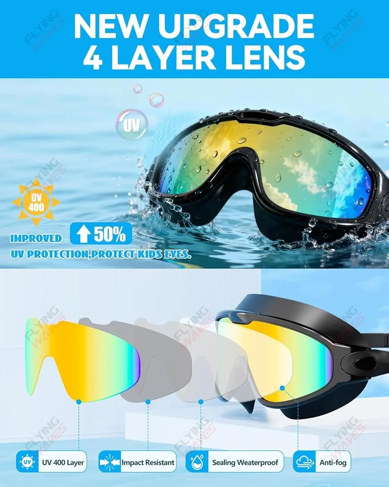 New Adult Wide View Swim Goggles Anti-Fog Anti-UV No Leak Pool Swimming Glasses with Earplugs for Men Women Youth