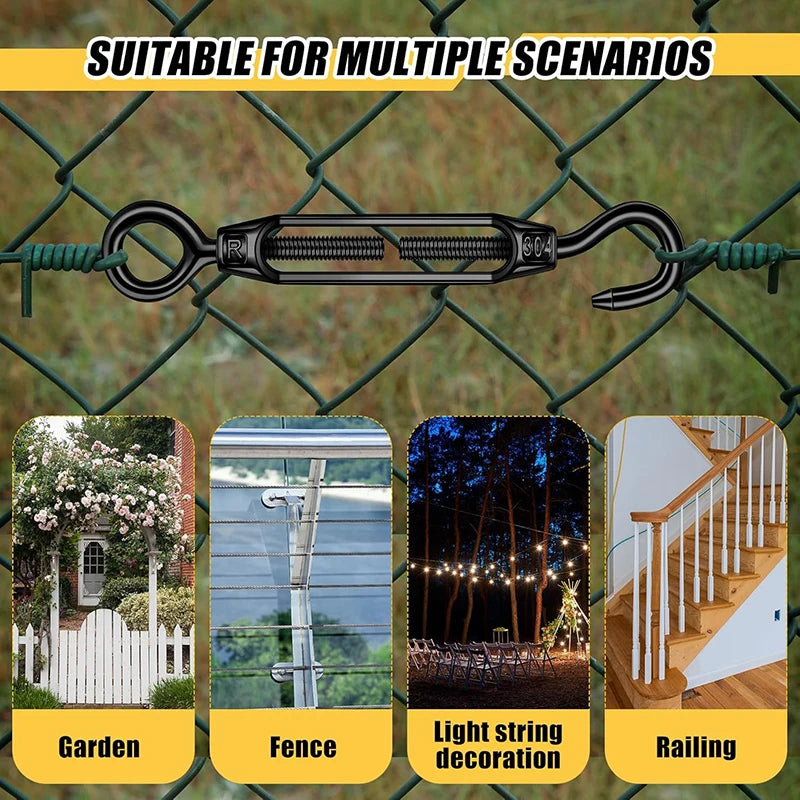 Black M4 Eye and Hook Turnbuckle 304 Stainless Steel Wire Rope Tension Device Shading Net Tarpaulin Installation Flange Bolt