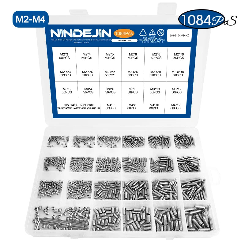 NINDEJIN 411pcs 1084pcs Hex Socket Grub Screw Kit M2-M10 Stainless Steel Cup Point Headless Set Screw Assortment Kit