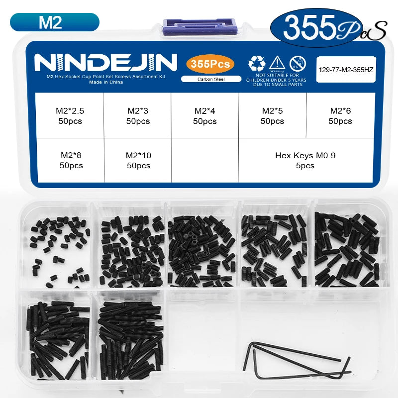 NINDEJIN Hex Socket Cup Point Set Screw M2 M2.5 M3 M4 M5 M6 M8 12.9 Carbon Steel Headless Allen Head Grub Screw Assortment Kit