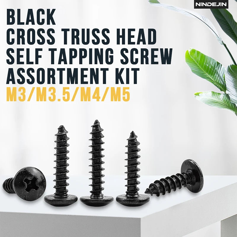 NINDEJIN Cross Truss Head Self Tapping Screw Set M3 M3.5 M4 M5 Black Plated Phillips Mushroom Head Machine Screw Assortment Kit