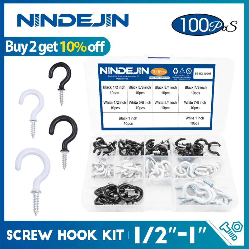 100/118/150/185pcs Wall Hook Screw Hook Set Hanger Screw-in Hook Kit Light Ceiling Kitchen Cup Hook Carbon Steel Screw Eye